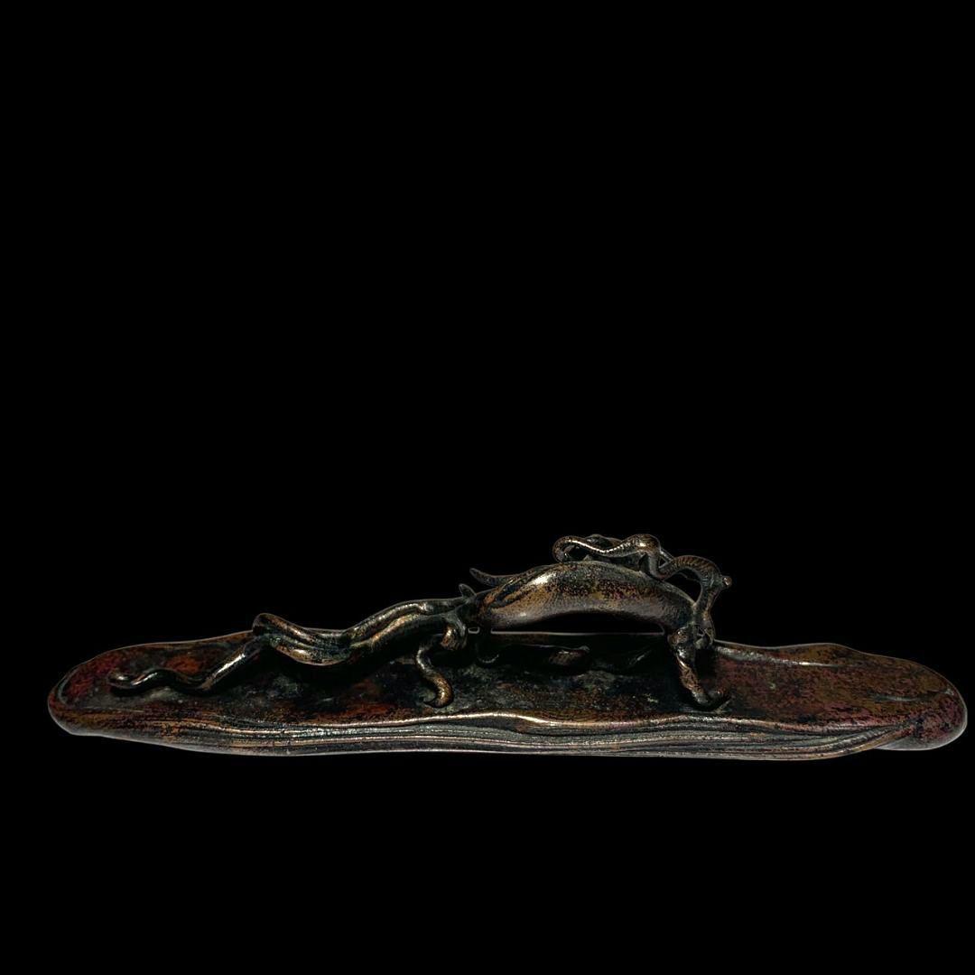 本間琢斎 斑紫銅製 文鎮 龍紐文鎮書鎮 筆架 書道具 金属工芸 骨董 共箱