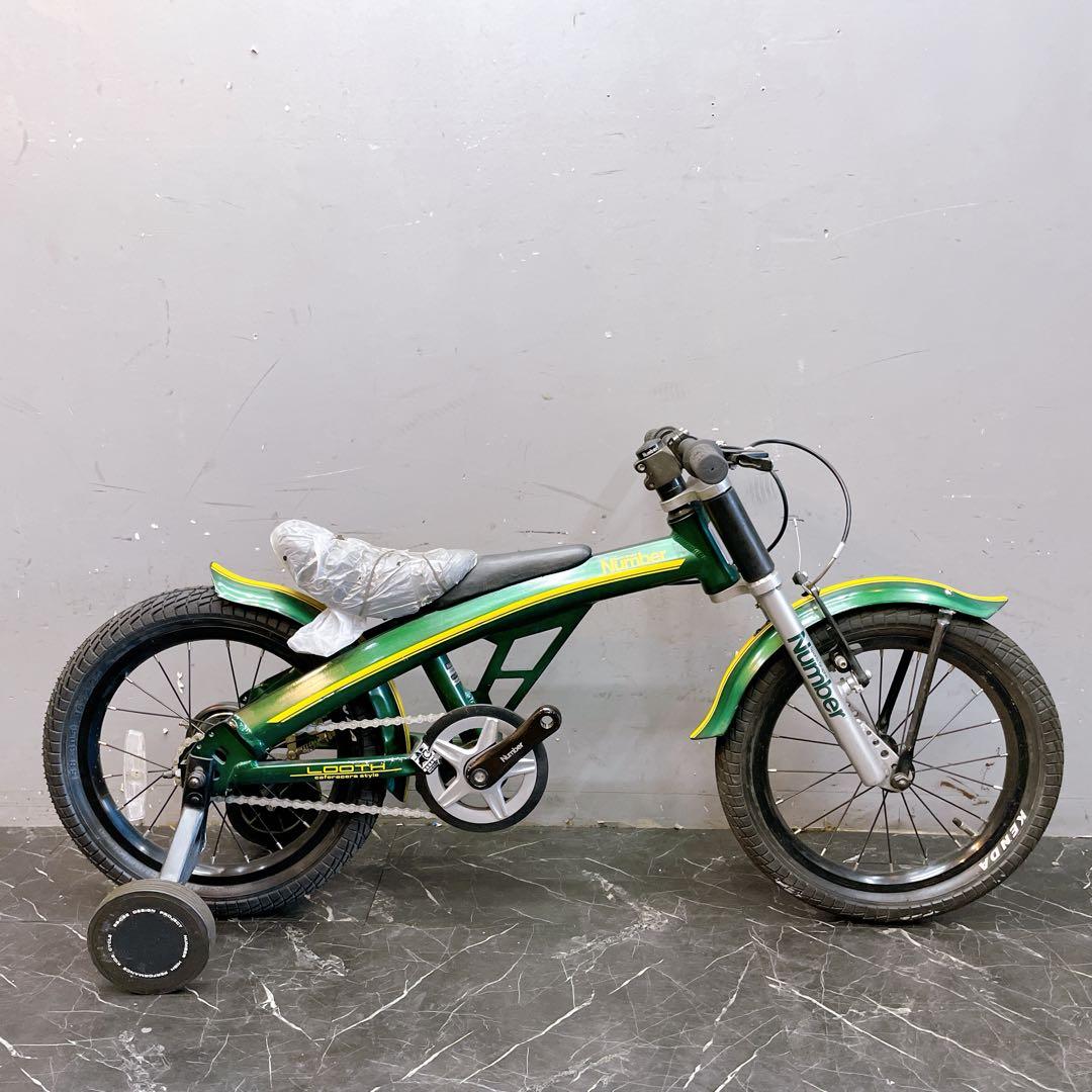 【918】バイク風子供車 Number グリーン 補助輪付き