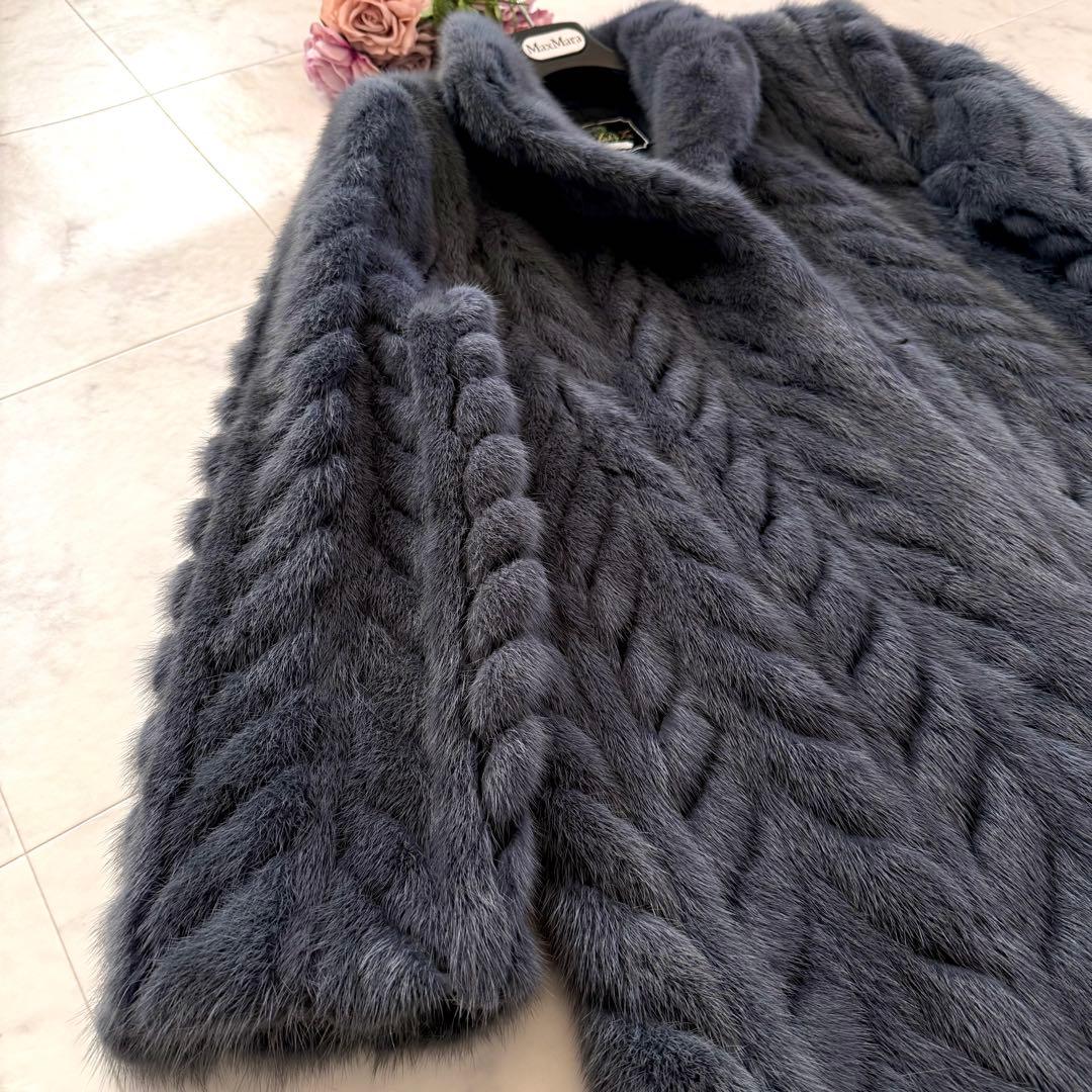 着丈82 くすみブルー 染めミンク ファーコート シェブロン模様 毛皮 軽量