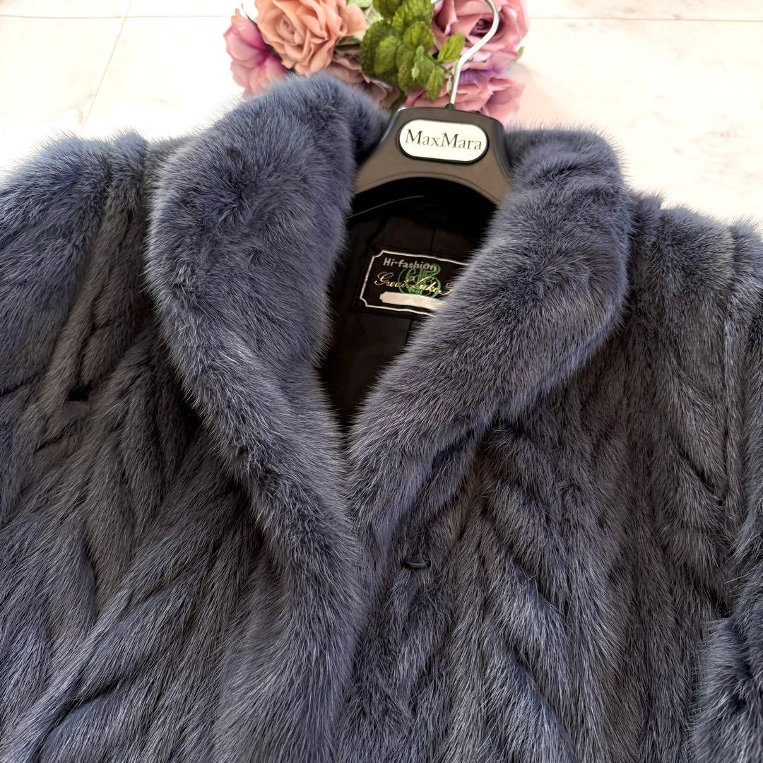 着丈82 くすみブルー 染めミンク ファーコート シェブロン模様 毛皮 軽量