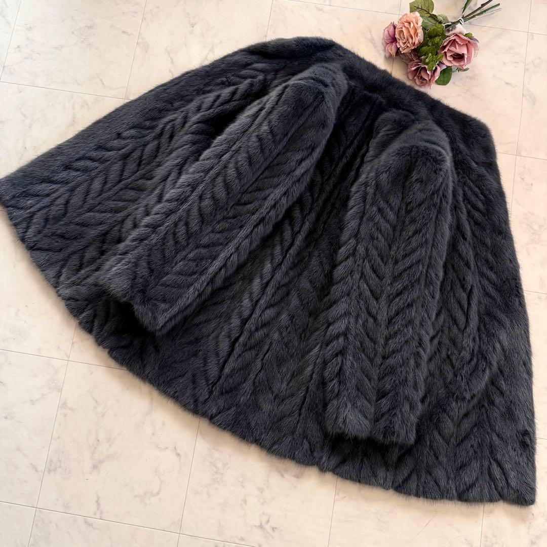 着丈82 くすみブルー 染めミンク ファーコート シェブロン模様 毛皮 軽量