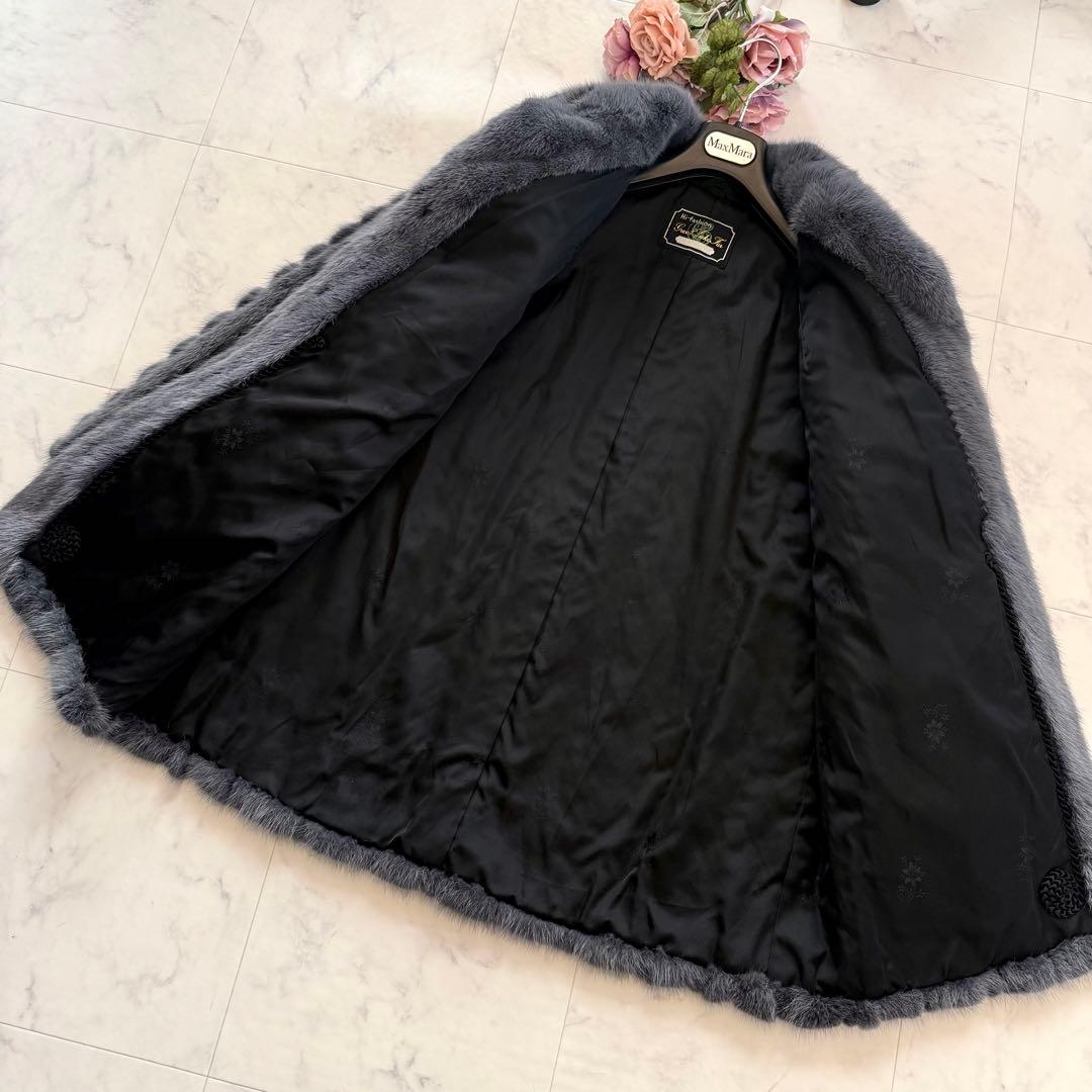 着丈82 くすみブルー 染めミンク ファーコート シェブロン模様 毛皮 軽量