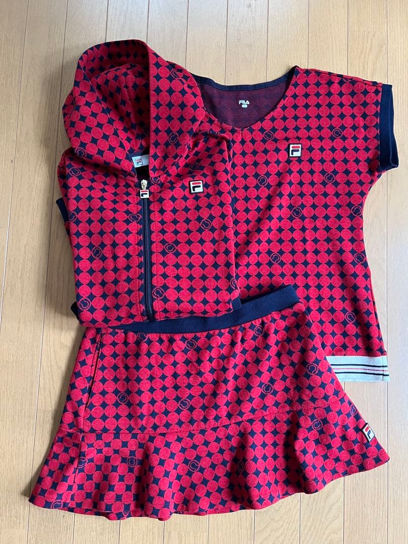FILA テニス　ジャガードフーデイとシャツ、スカートの3点セットアップ　L