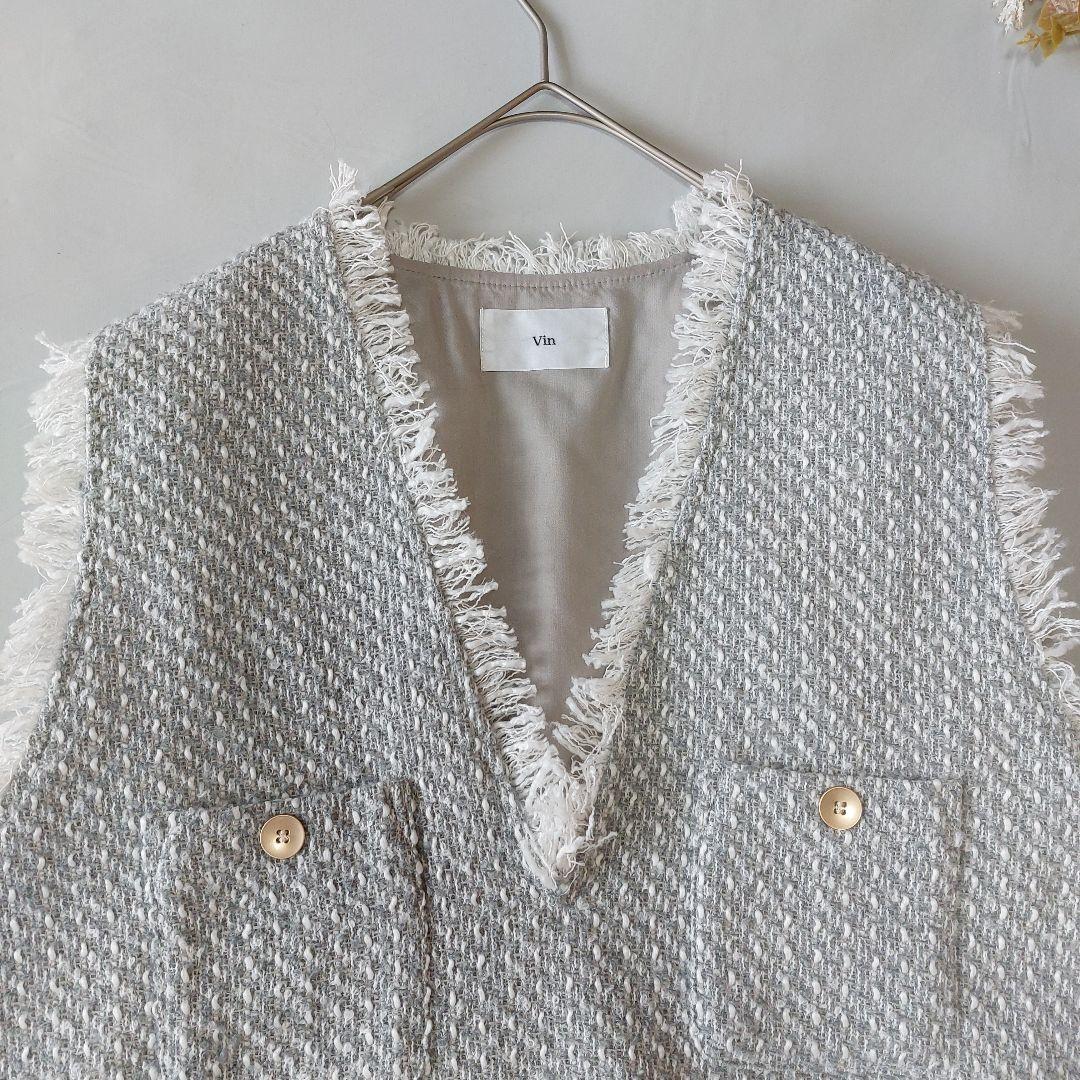 【未使用タグ付】Vin ヴァン ゴールドボタンツイードベスト フリンジ ヤマダヤ