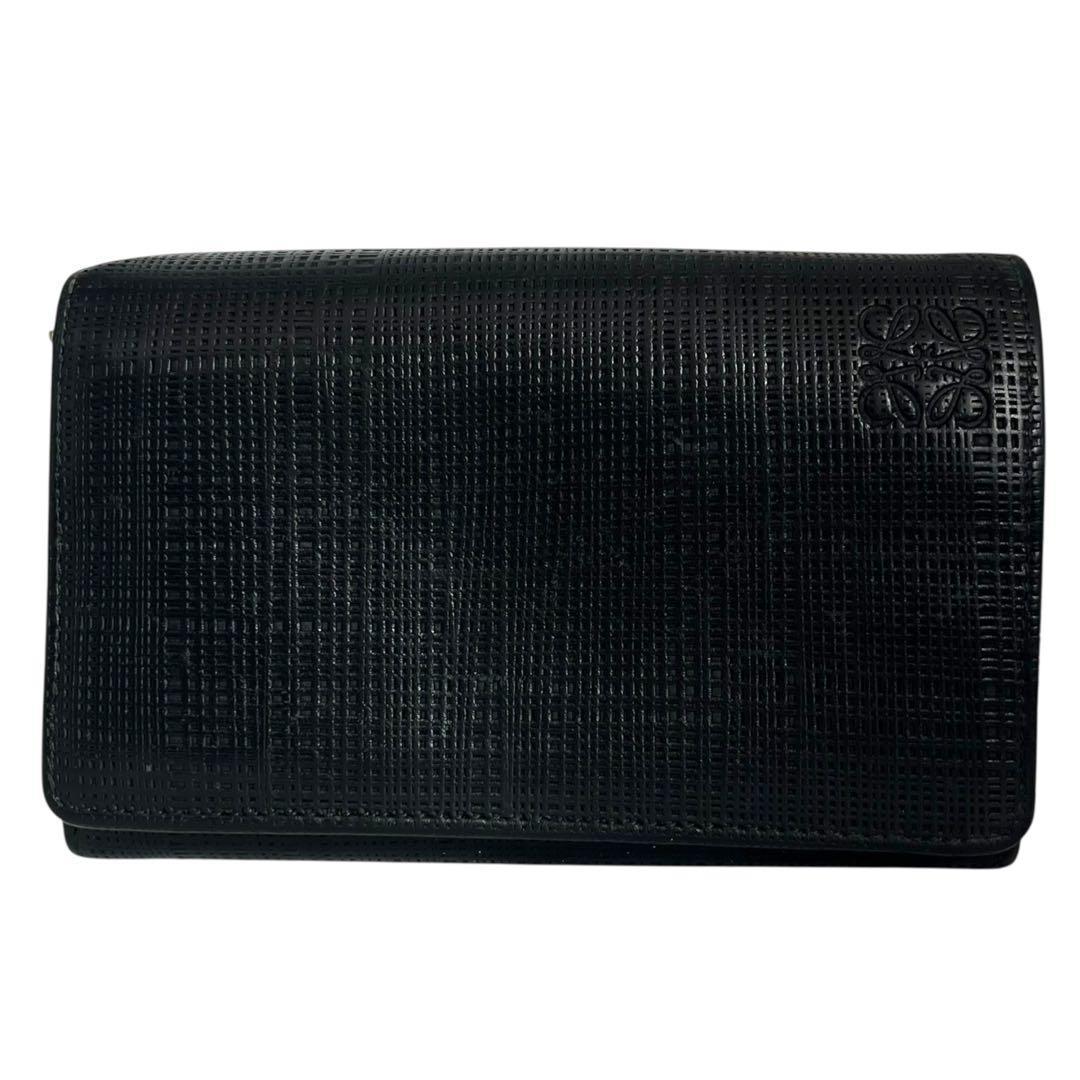 希少✨ロエベ 二つ折り財布 アナグラム リネン レザー ブラック ロゴ型押し