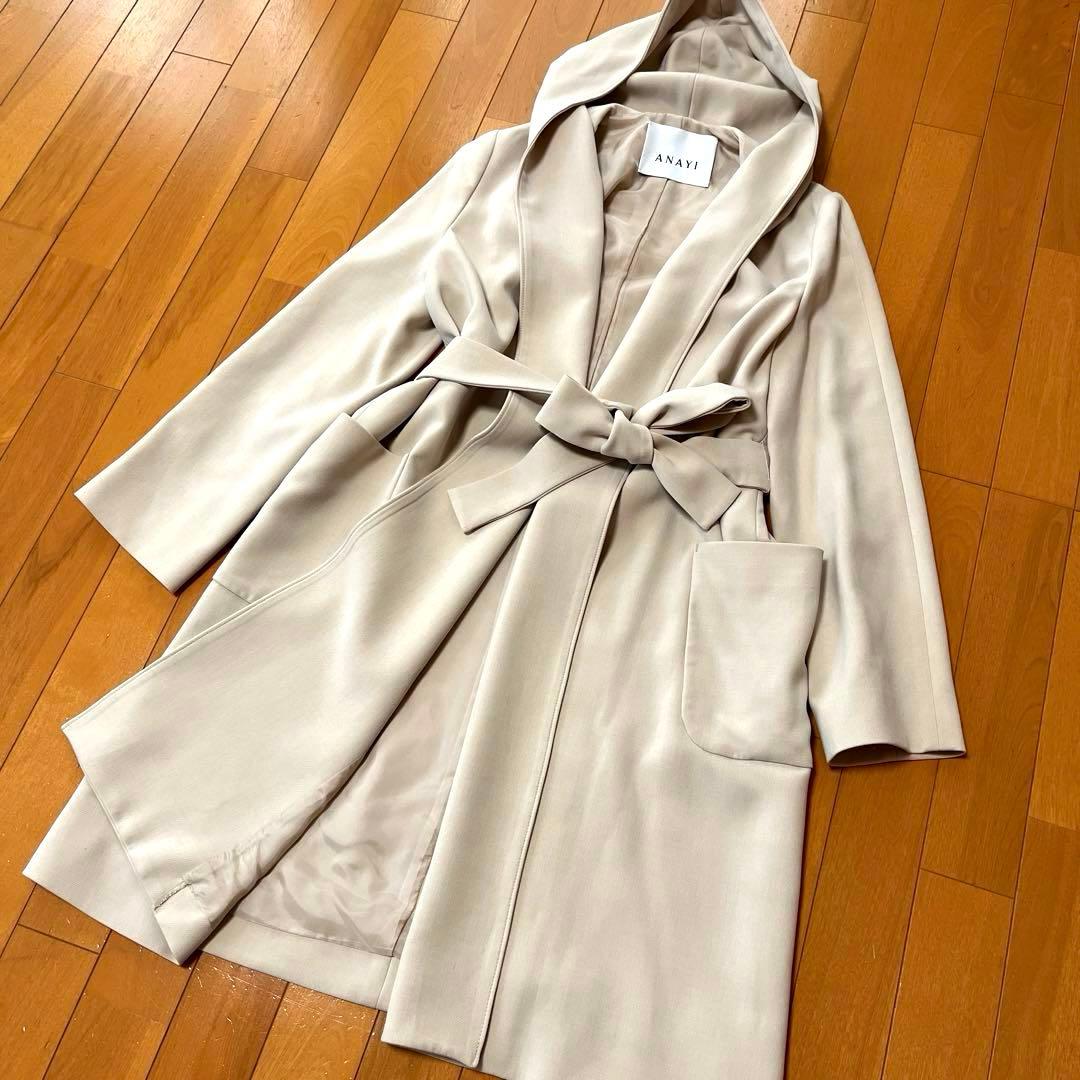美品♡ANAYIダブルクロス フード コート リボン ベルト ロング ガウン