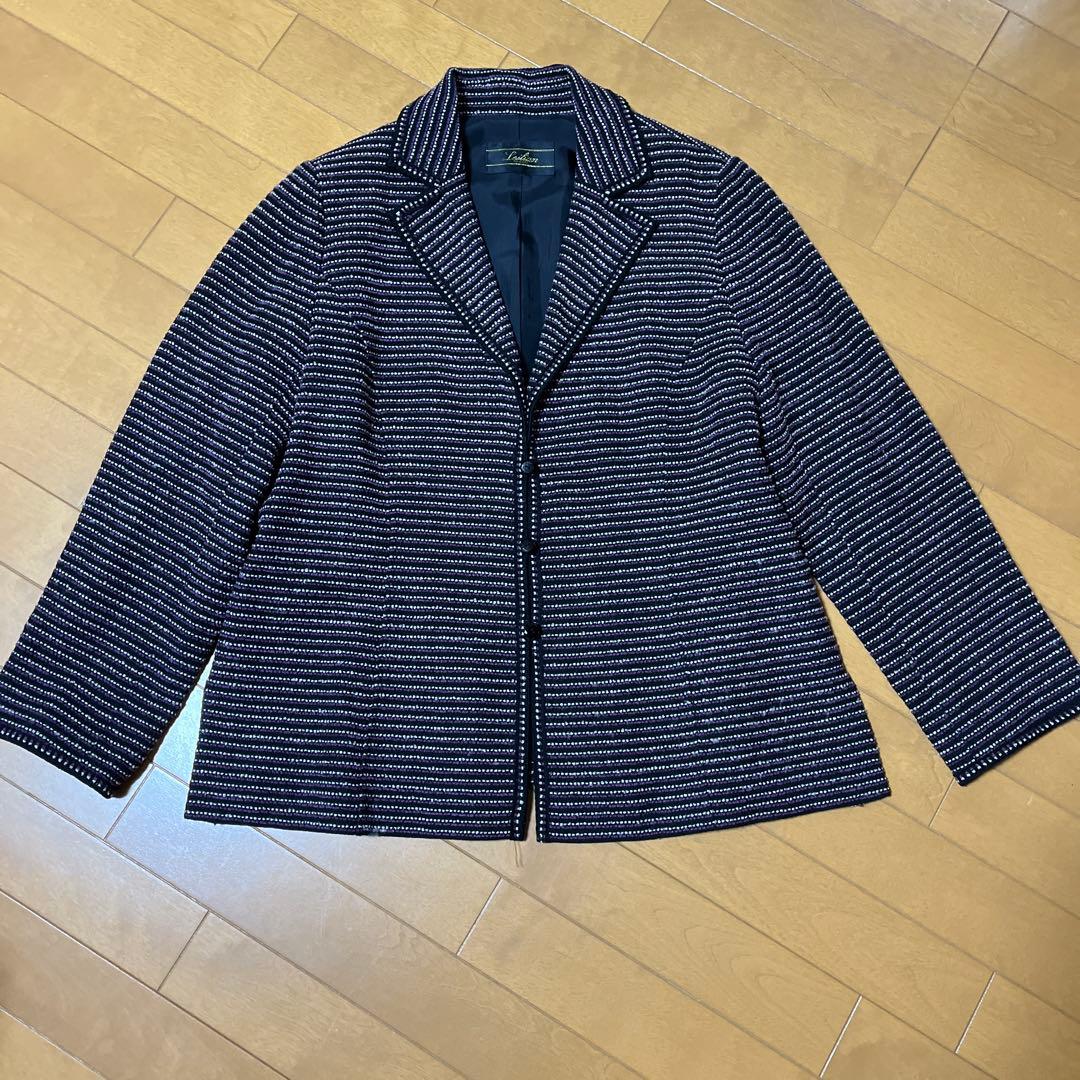 Leilian ネイビー/ホワイト ストライプ テーラードジャケット