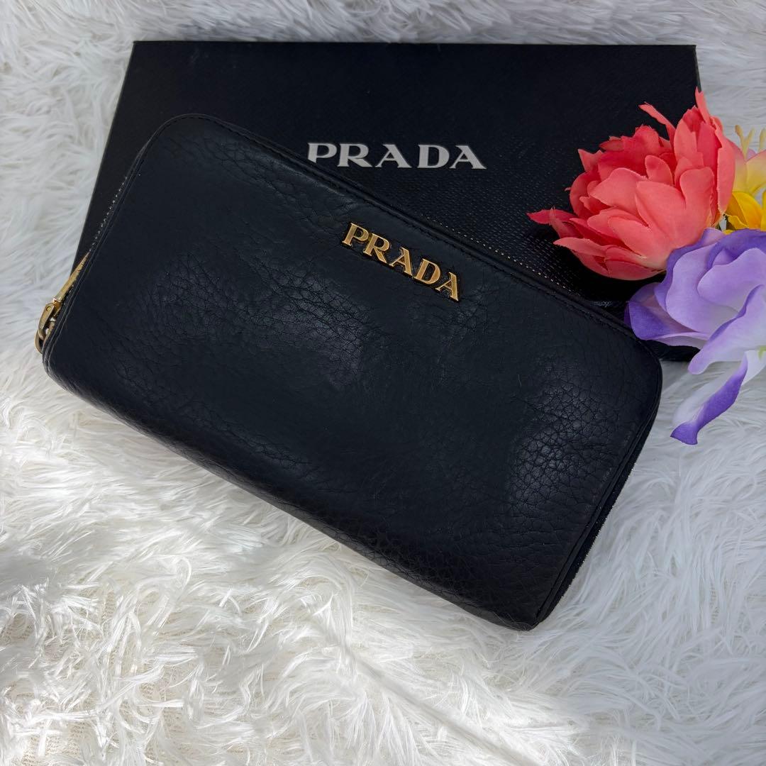 希少✨️プラダ 長財布 ラウンドファスナー シボ革 ブラック ゴールド金具