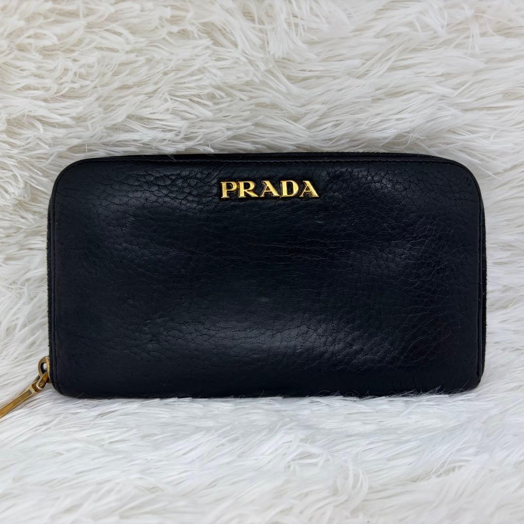 希少✨️プラダ 長財布 ラウンドファスナー シボ革 ブラック ゴールド金具
