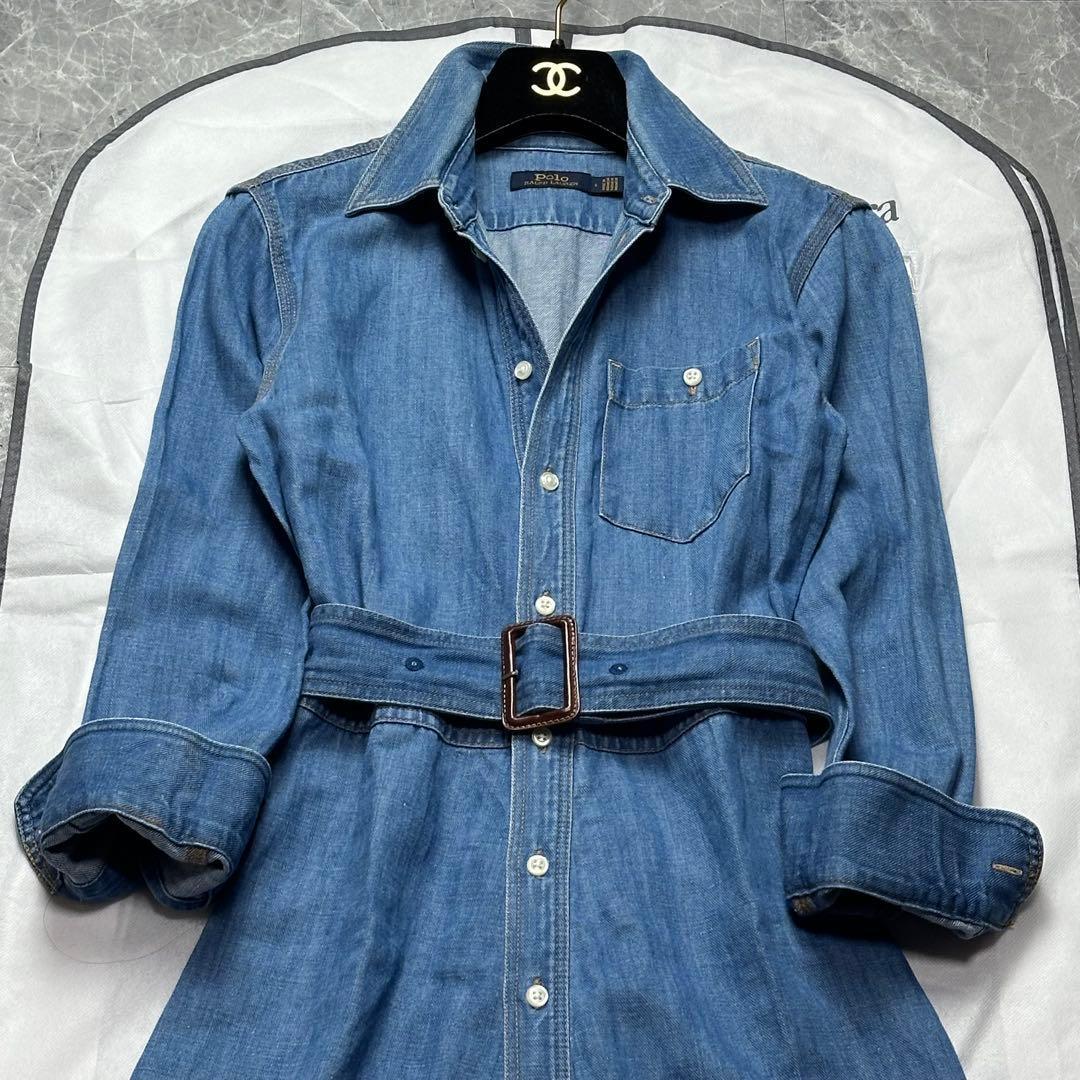 美品♡ラルフローレン　デニムシャツワンピース　ベルト　ロング　長袖　リネン