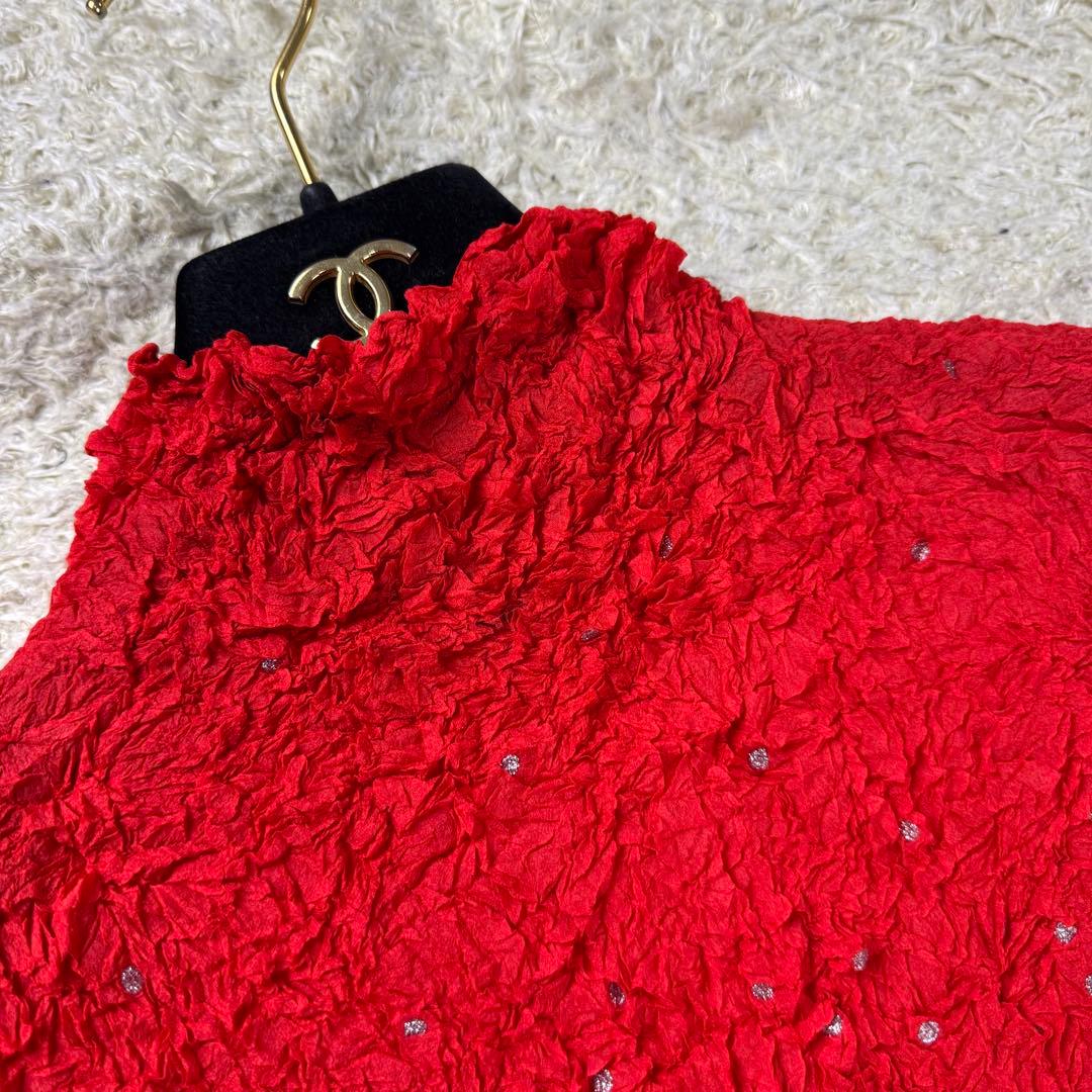 希少★ISSEY MIYAKE シワ加工 箔 カットソー 長袖 レッド
