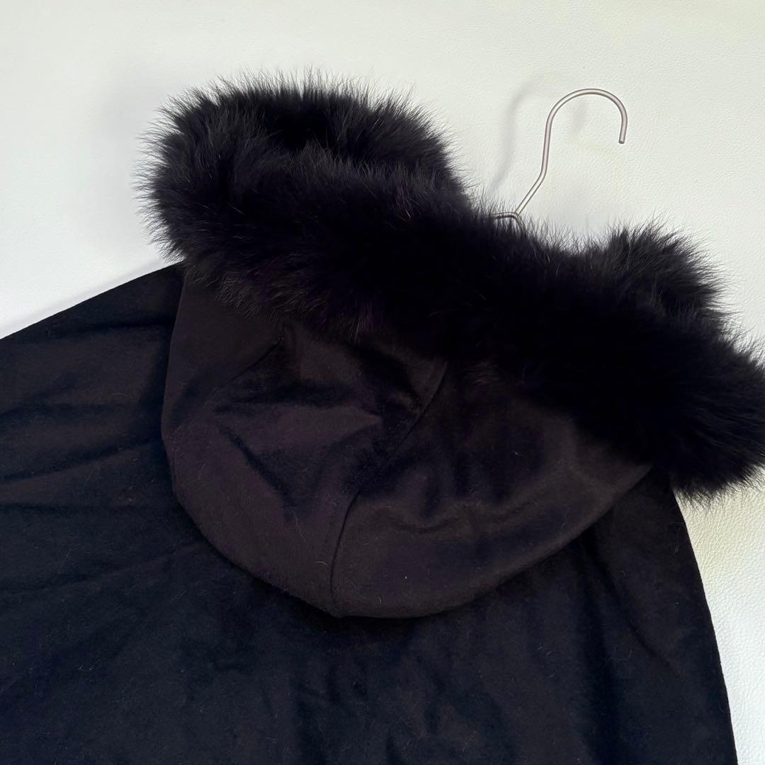極美品 カシミヤ100% ポンチョ ファーフード付 ブラック