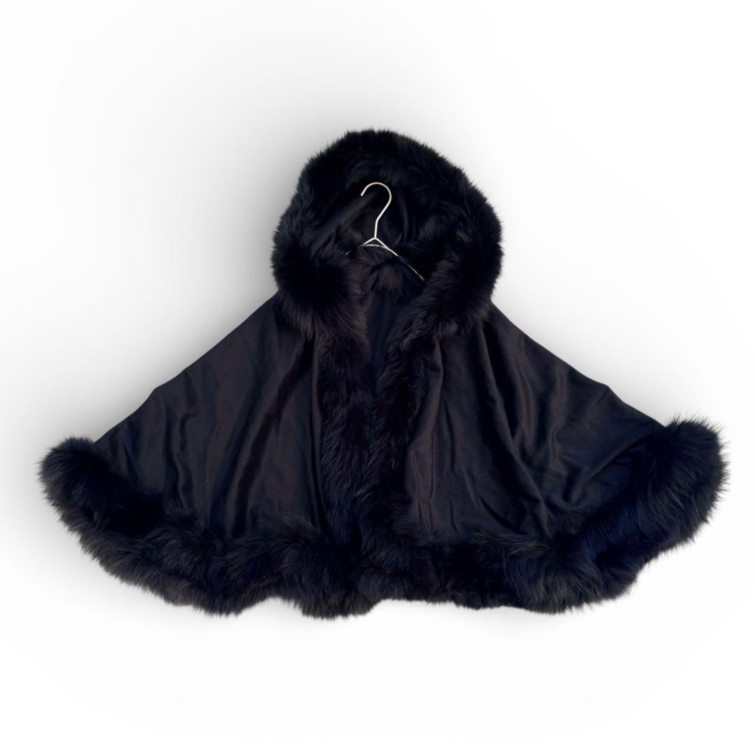 極美品 カシミヤ100% ポンチョ ファーフード付 ブラック