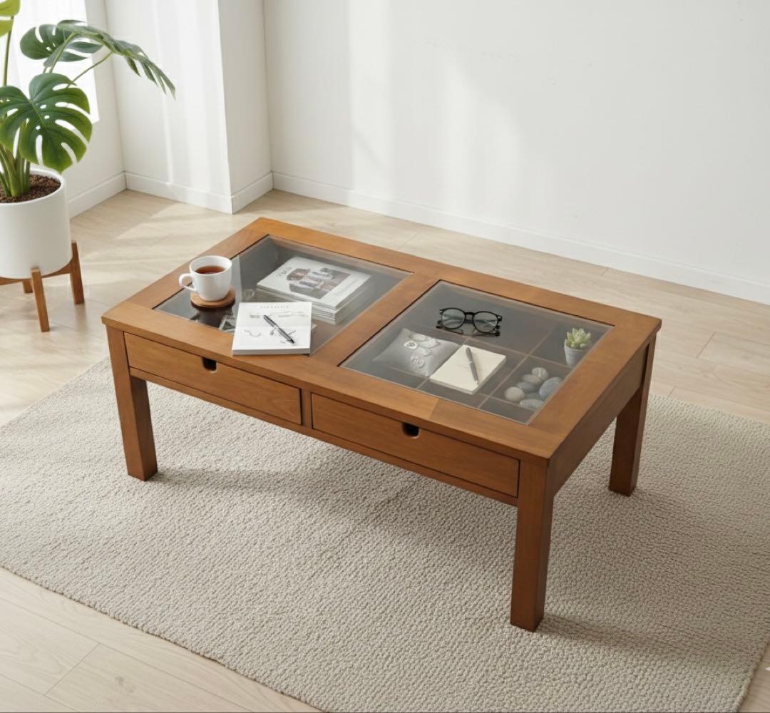 ガラストップ センターテーブル 収納引き出し付き　木製ローテーブル 幅90cm