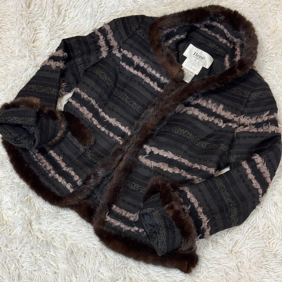 Rene ルネ TISSUE社 ツイードジャケット スタンドカラー 36 ミンク