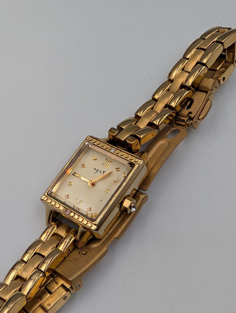 agate アガット レディース腕時計☆ゴールド3針レクタンギュラー☆電池交換済