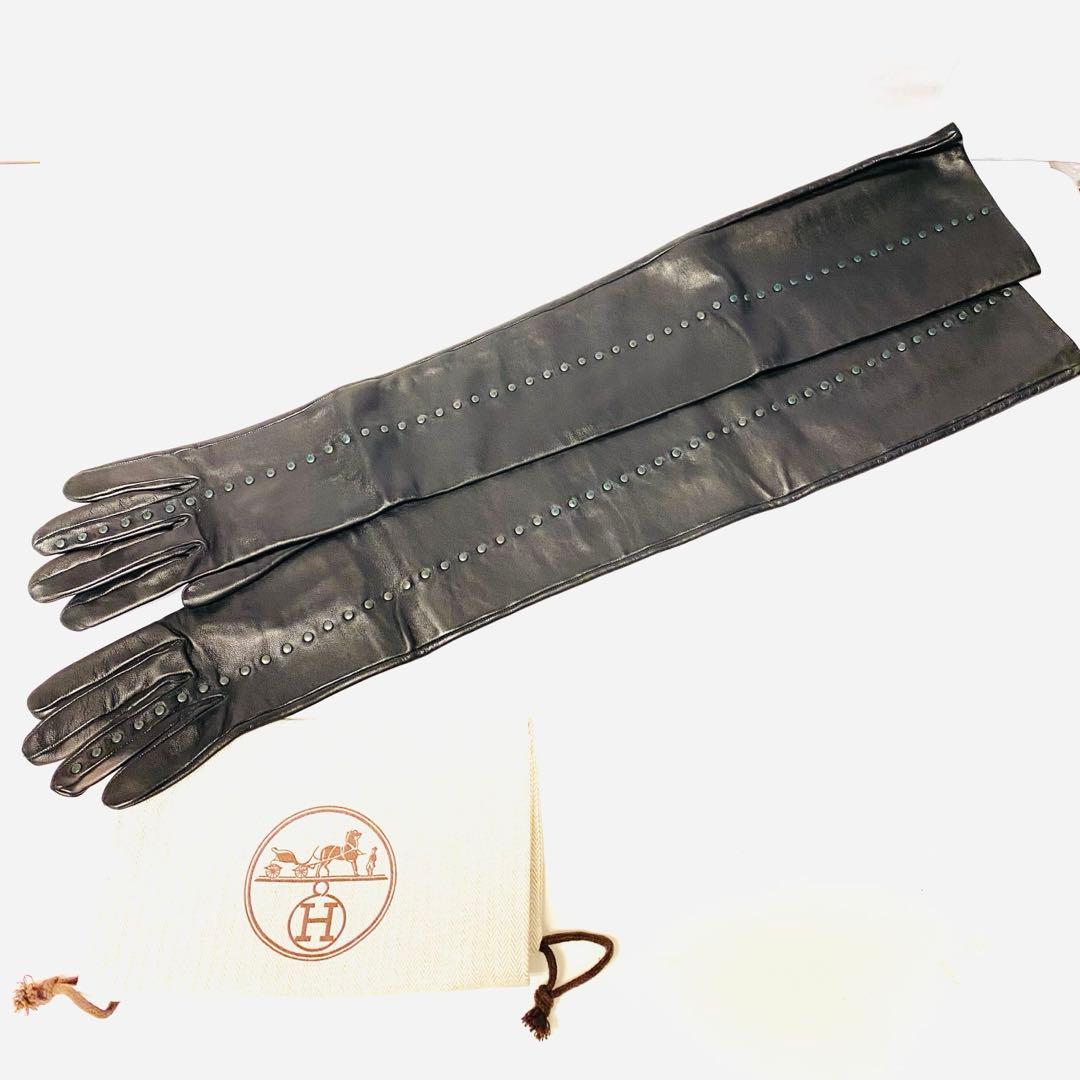 美品　定価20万 エルメス　ラムレザー　ロンググローブ　スタッズ　箱　6.5