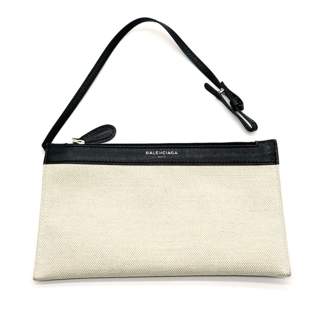 バレンシアガ ネイビーカバス S レザー ハンド トートバッグ ポーチ付 白