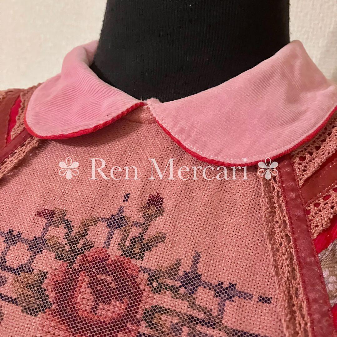 ストロベリーレッド コーデュロイ お花刺繍のチュールヨークワンピース