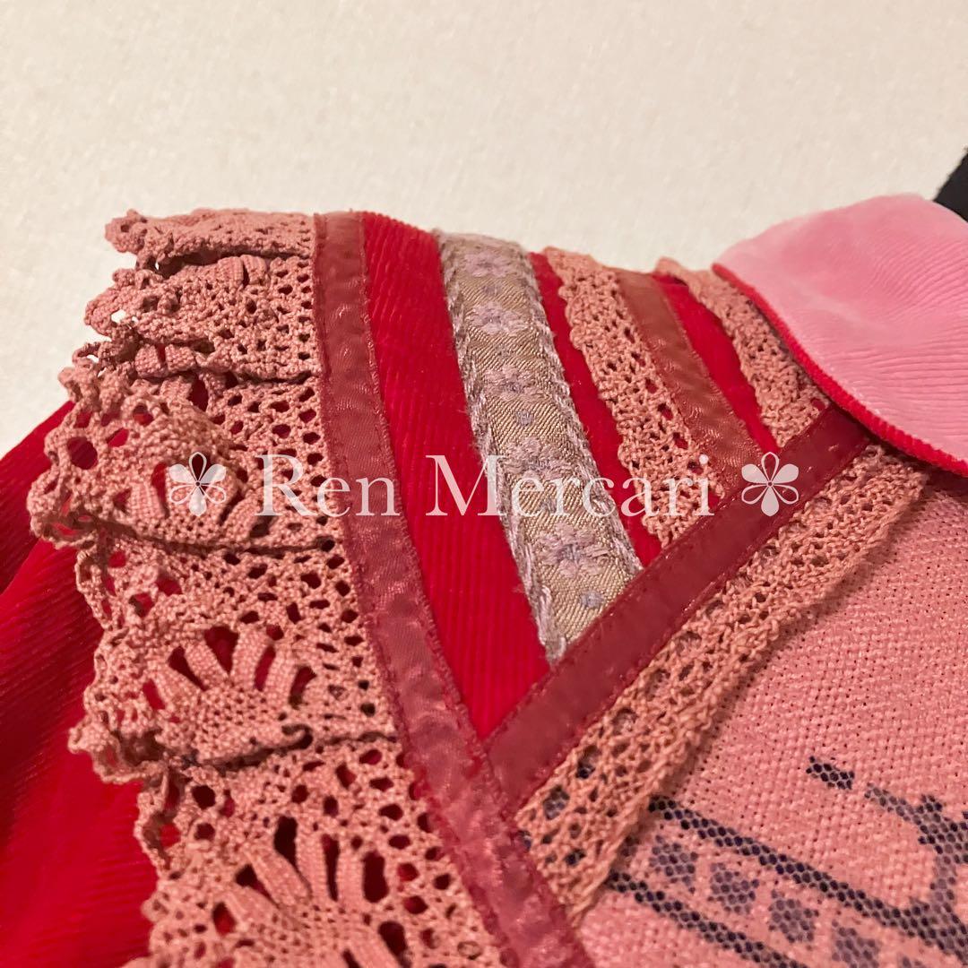 ストロベリーレッド コーデュロイ お花刺繍のチュールヨークワンピース