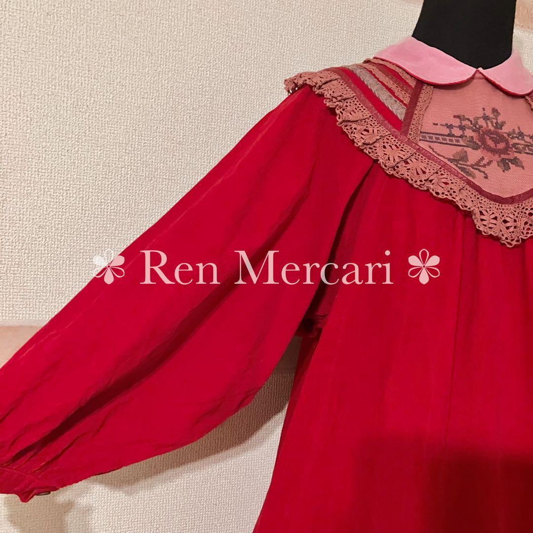 ストロベリーレッド コーデュロイ お花刺繍のチュールヨークワンピース