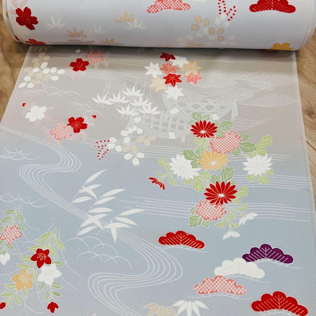 未使用　正絹　反物　着物　和装　小紋　丹後縮緬　ちりめん　グレー　灰色　紳裳園