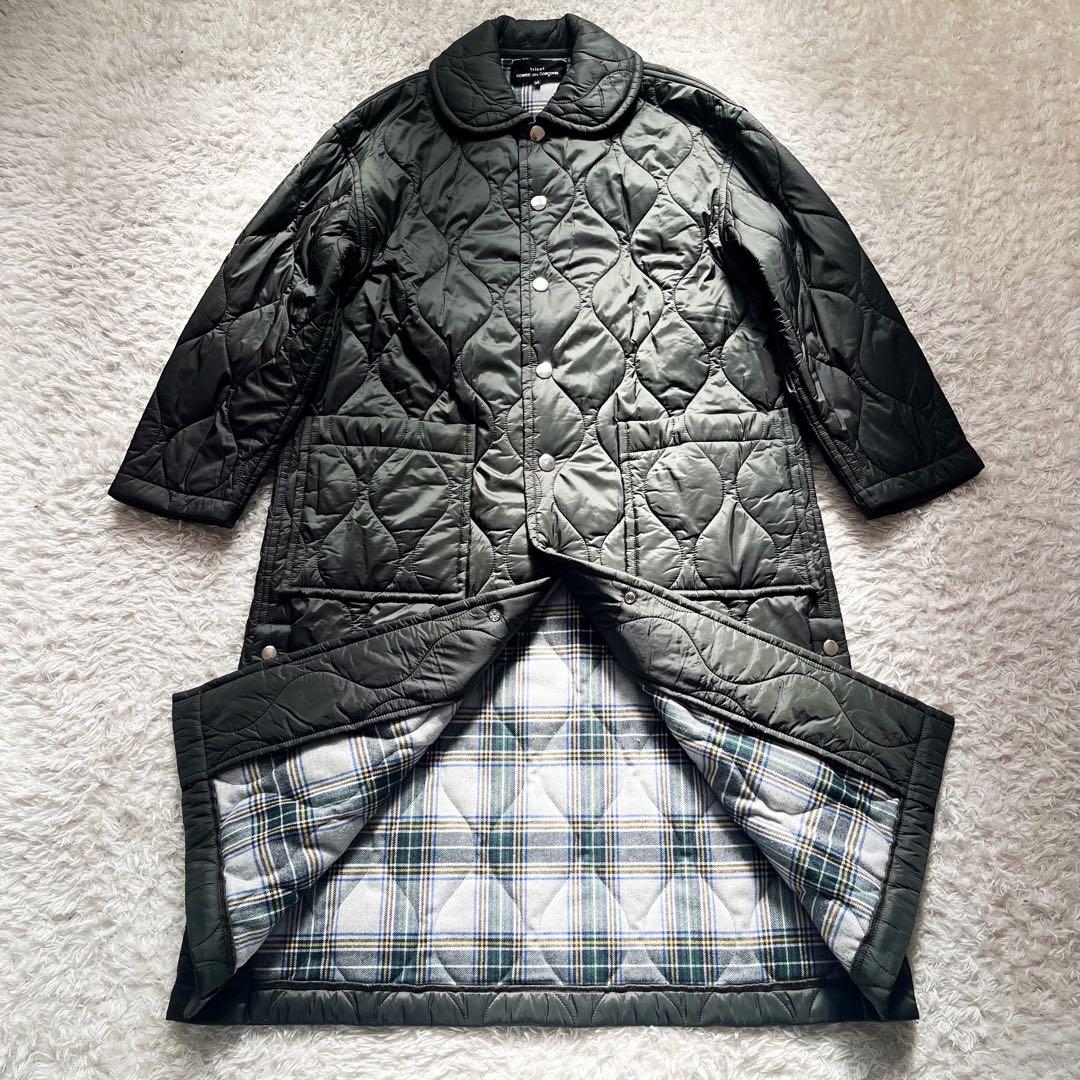 トリココムデギャルソン キルティング ロングコート チェック グリーン