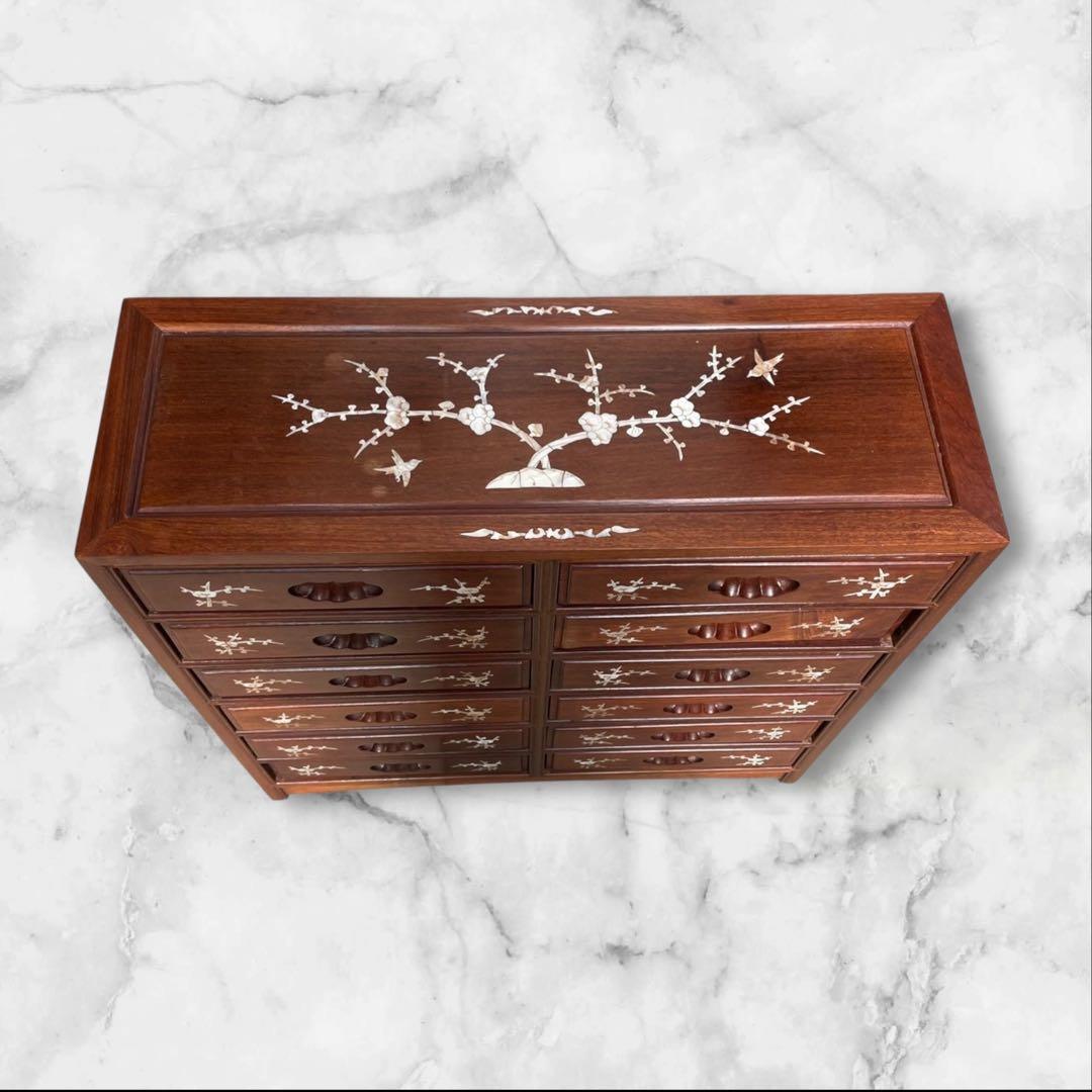 花梨材 棚 漆塗り 螺鈿細工 引出し付 収納家具