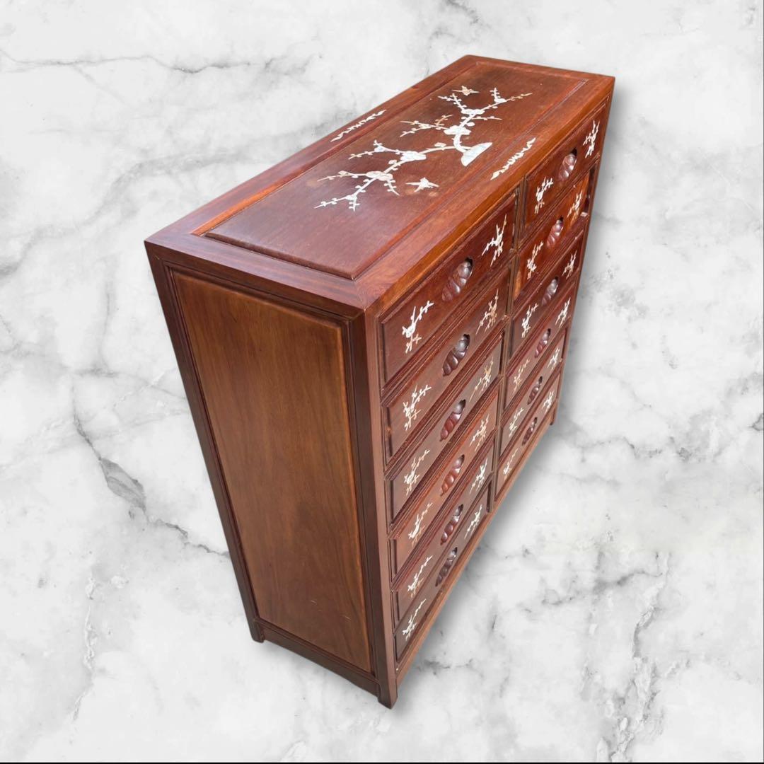 花梨材 棚 漆塗り 螺鈿細工 引出し付 収納家具