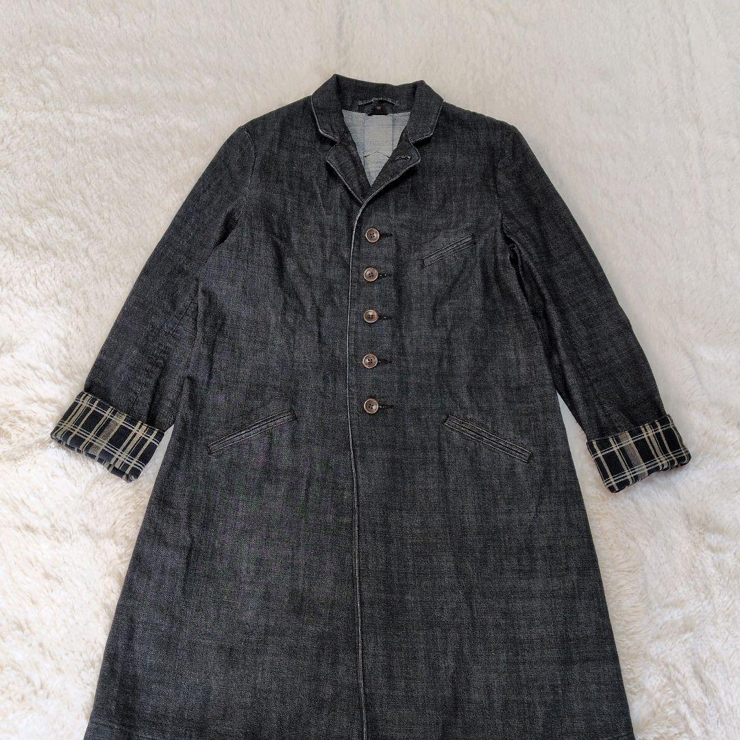 ◆極美品 45R デニム チェスターコート インディゴ 日本製 袖裾裏チェック