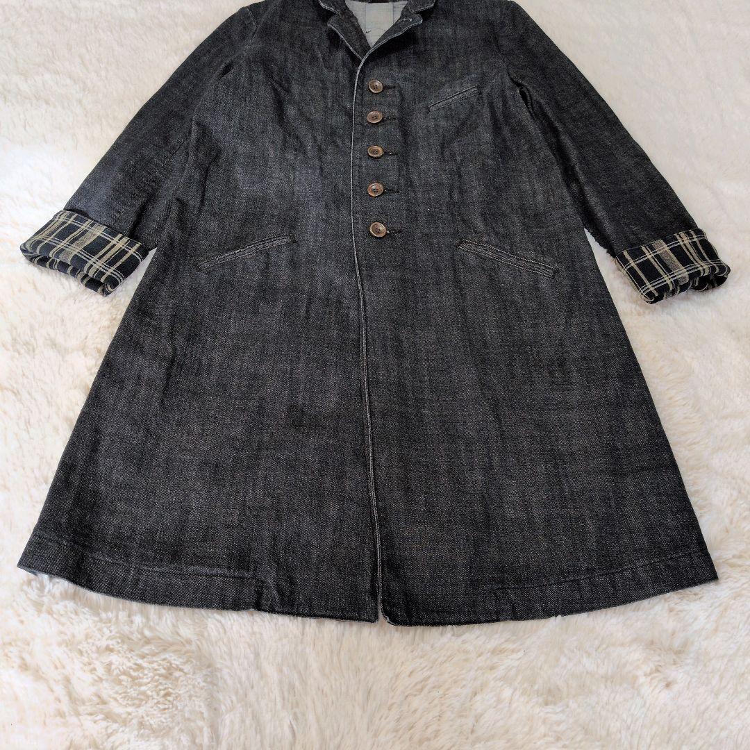 ◆極美品 45R デニム チェスターコート インディゴ 日本製 袖裾裏チェック