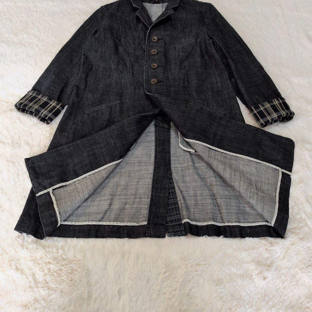 ◆極美品 45R デニム チェスターコート インディゴ 日本製 袖裾裏チェック