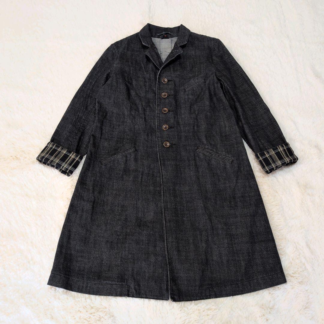 ◆極美品 45R デニム チェスターコート インディゴ 日本製 袖裾裏チェック