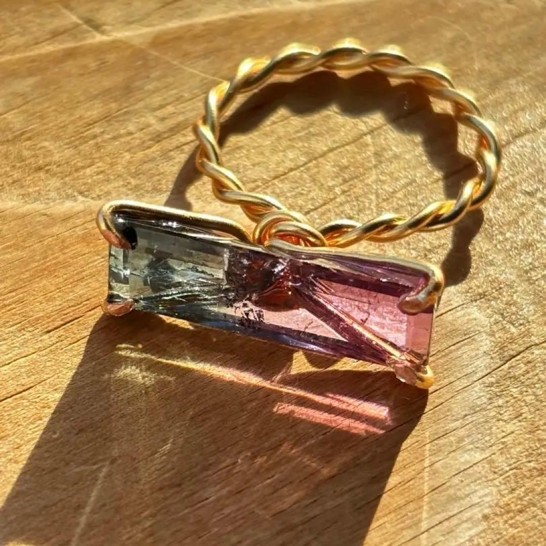美品　希少　バイカラートルマリン　リング　ハンドメイド　k14gf 15号