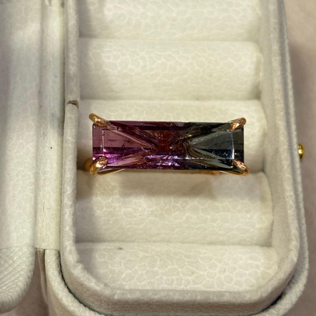 美品　希少　バイカラートルマリン　リング　ハンドメイド　k14gf 15号