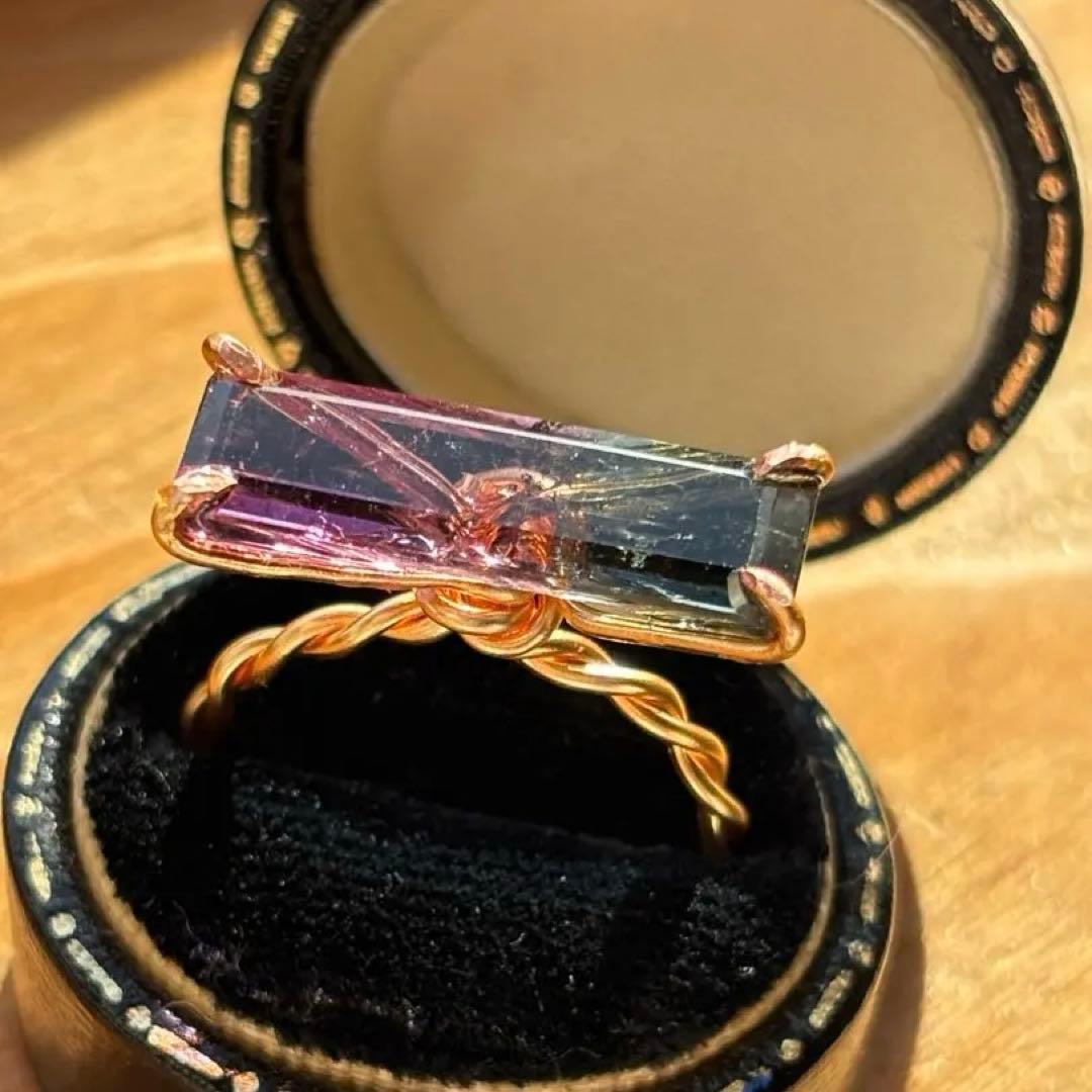 美品　希少　バイカラートルマリン　リング　ハンドメイド　k14gf 15号
