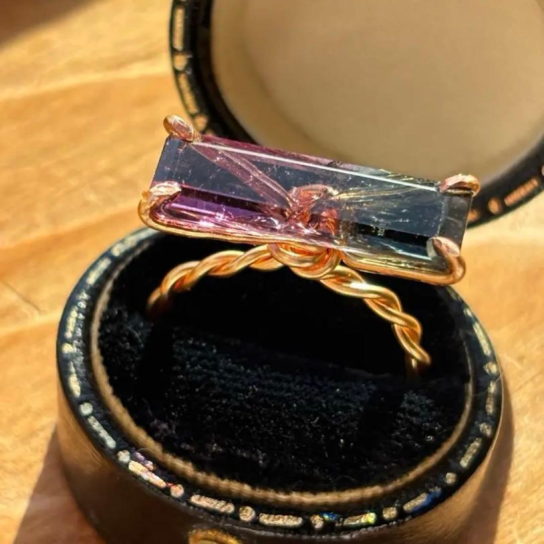 美品　希少　バイカラートルマリン　リング　ハンドメイド　k14gf 15号