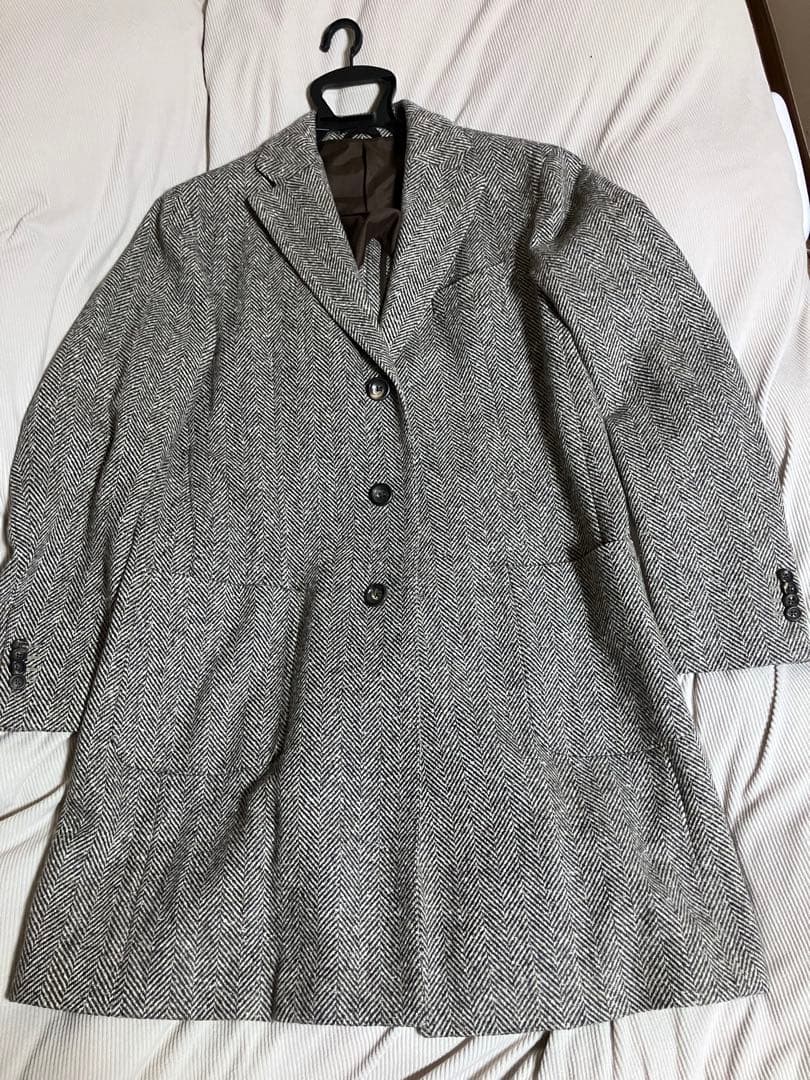 美品 ルイジビアンキマントヴァ チェスターコート ヘリンボーン グレー 系 50