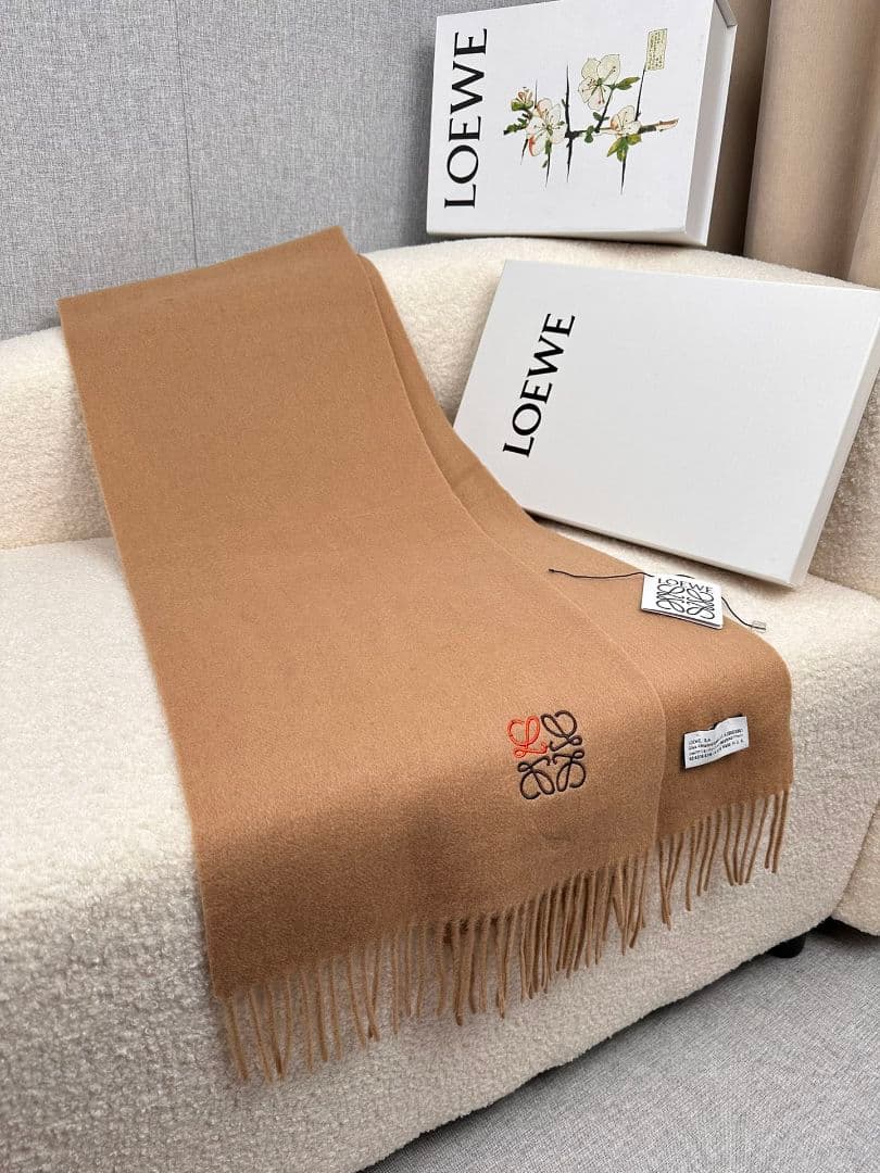 LOEWE ロエベ　ウールマフラー　キャメル　アナグラム刺繍