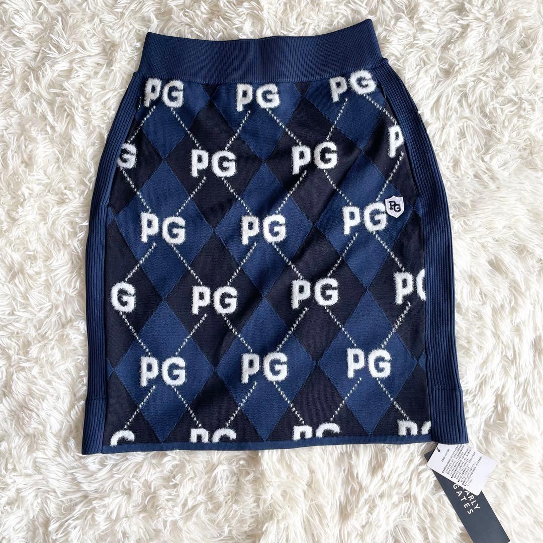 未使用　パーリーゲイツ　ニットスカート　アーガイルチェック　ロゴ　ネイビー　0