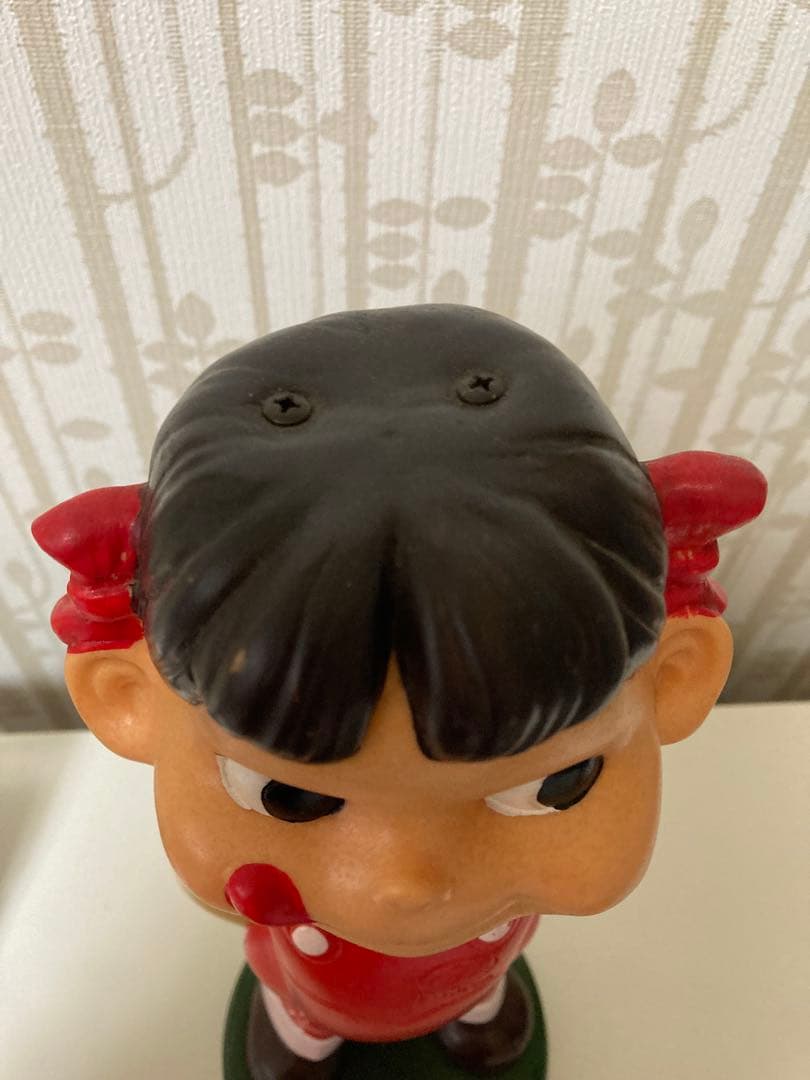 レトロ不二家ペコちゃん首振り人形ブリキ台ミニ鳴きソフビセット