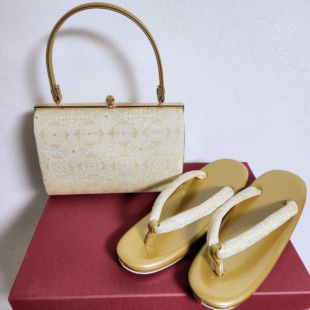 【美品】西陣織 正絹 帯地 使用 高級バッグセット　草履24cm