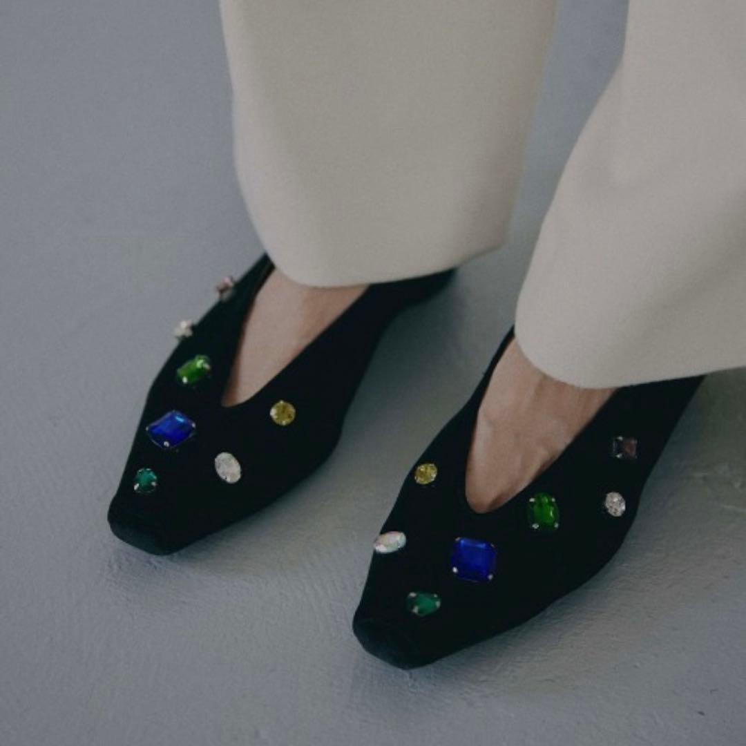 AMERI アメリヴィンテージ　ビジュー　フラットシューズ　ベロア　黒　完売品