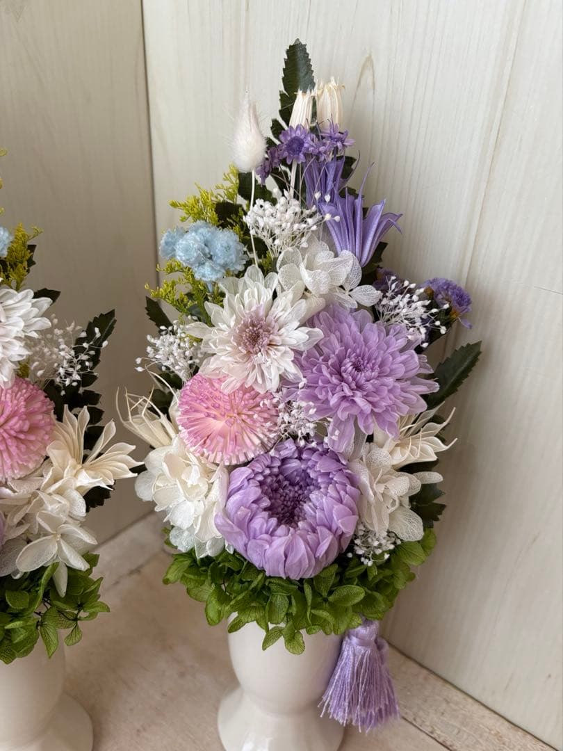 プリザーブドフラワー　仏花アレンジ1対(花器、タッセル付) Lサイズ