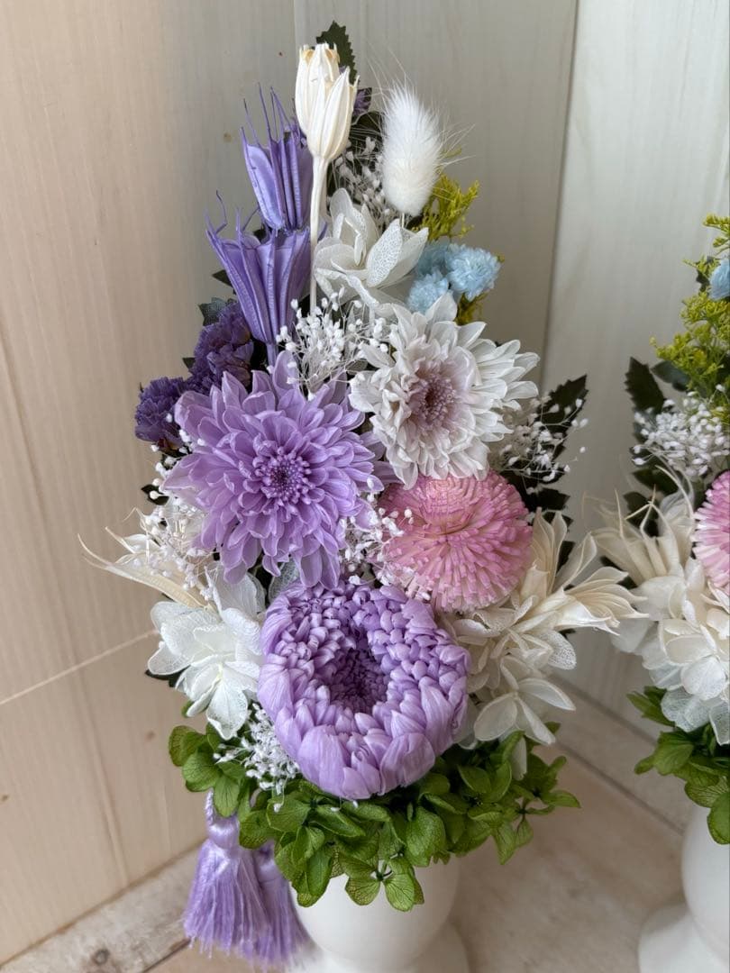 プリザーブドフラワー　仏花アレンジ1対(花器、タッセル付) Lサイズ