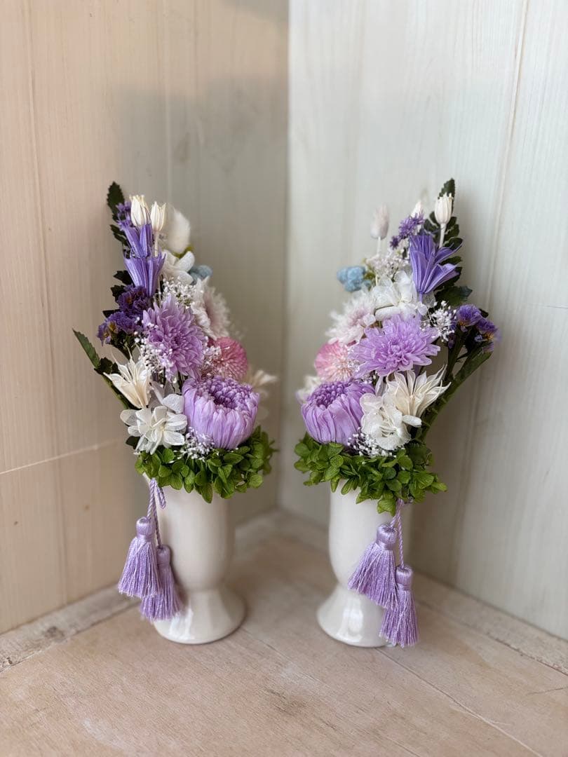 プリザーブドフラワー　仏花アレンジ1対(花器、タッセル付) Lサイズ