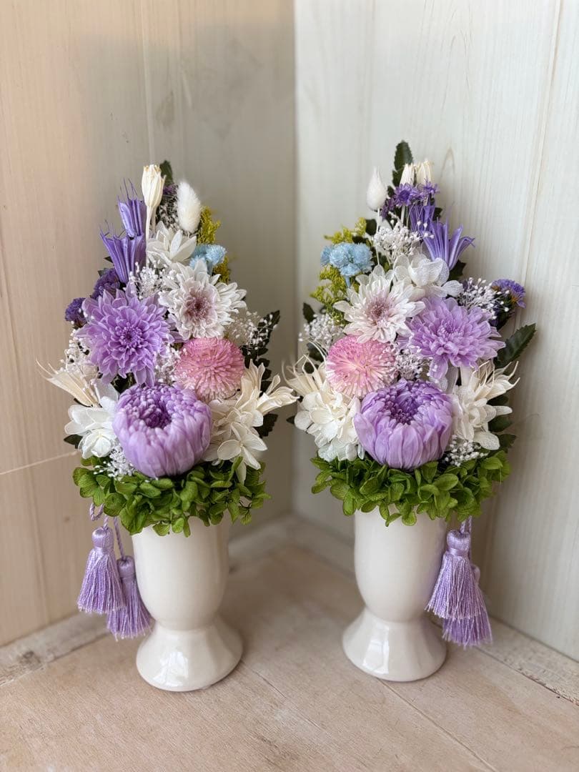 プリザーブドフラワー　仏花アレンジ1対(花器、タッセル付) Lサイズ