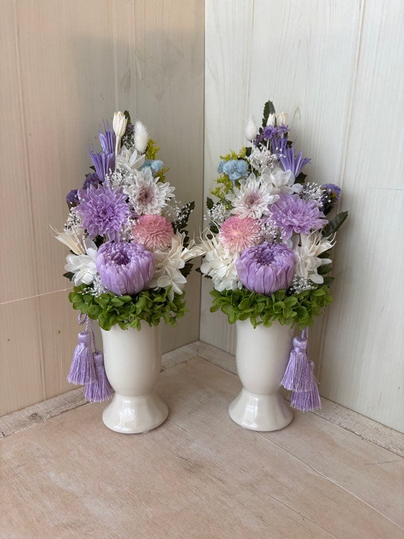 プリザーブドフラワー　仏花アレンジ1対(花器、タッセル付) Lサイズ
