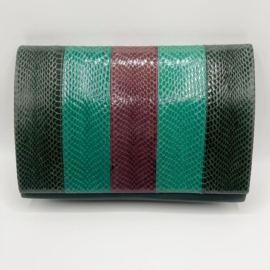 【美品】イヴ・サンローラン　クラッチバッグ　パイソン　マルチカラー　グリーン