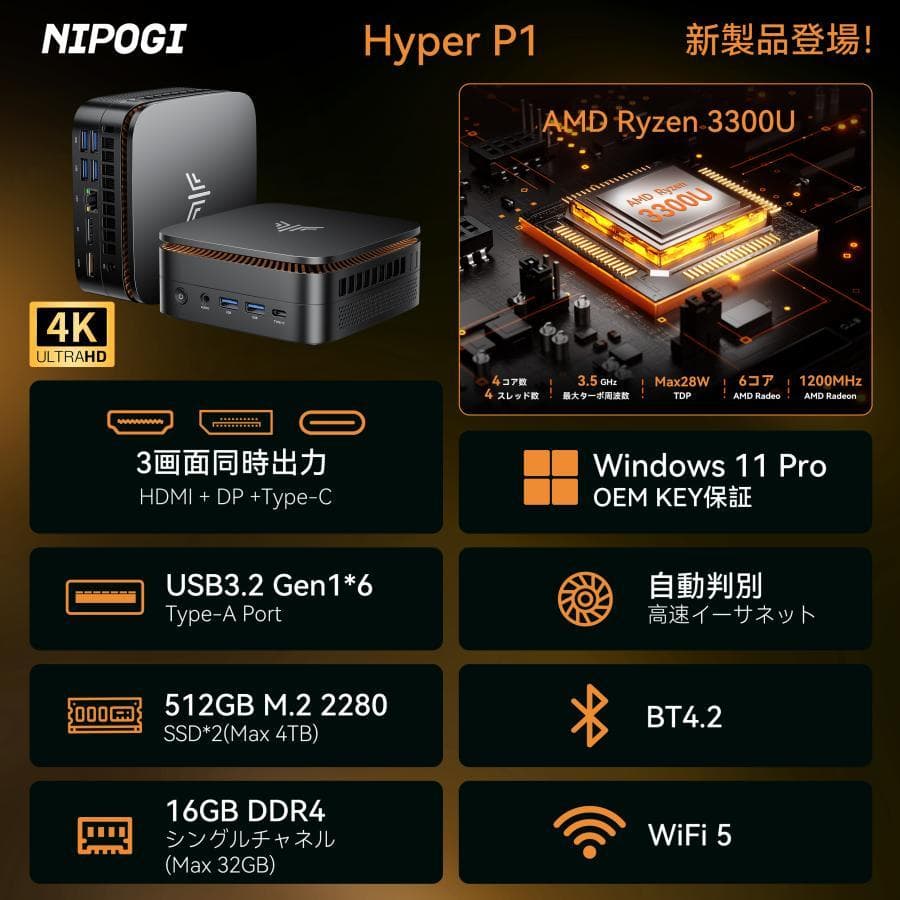 新品 NipoGi Ryzen 3300U メモリ16GB/256GB SSD